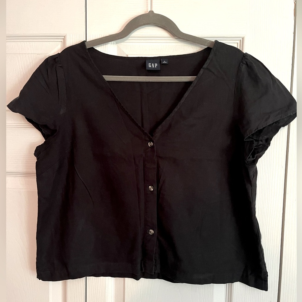 GAP Cap Sleeve V Neck Linen Shirt, Black, Size L